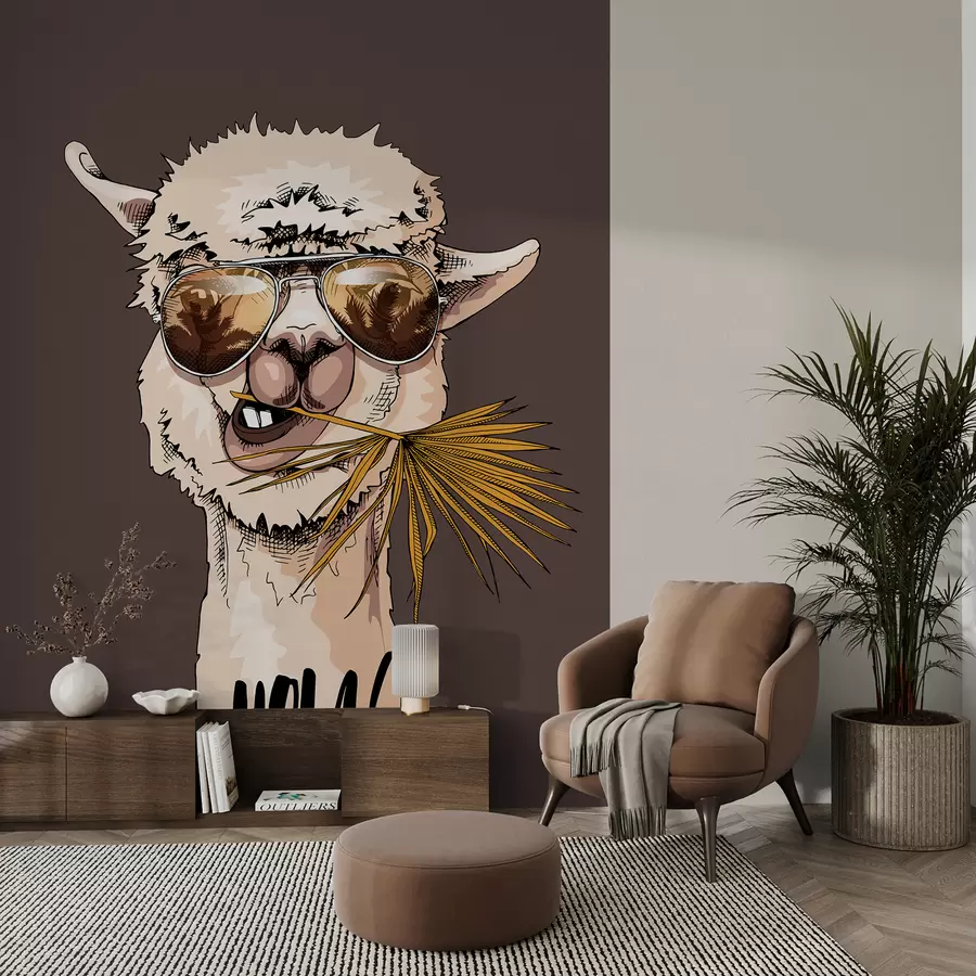 murales de pared Retrato de un lama con gafas de sol y una hoja de palma en abanico u98177