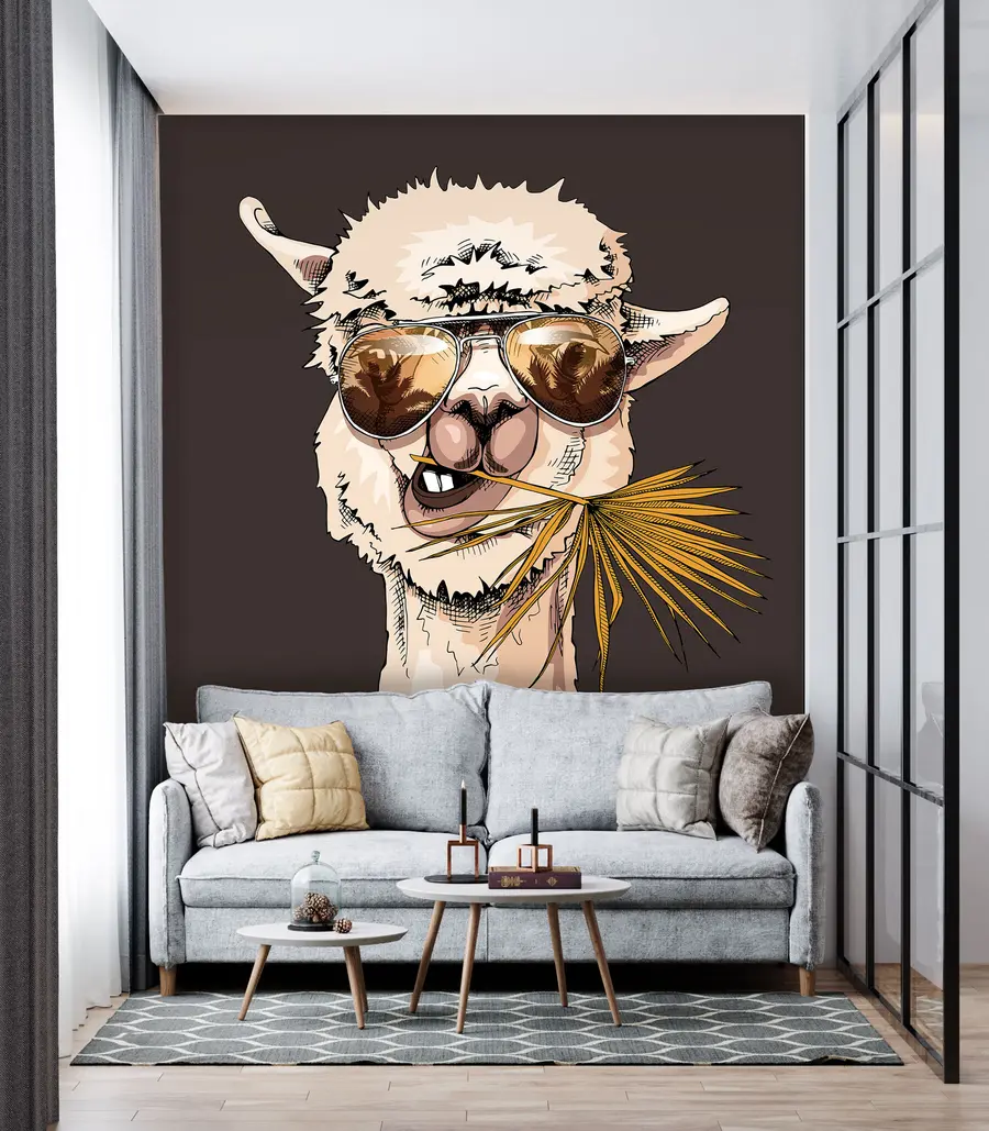 murales de pared Retrato de un lama con gafas de sol y una hoja de palmera en abanico u98177v2