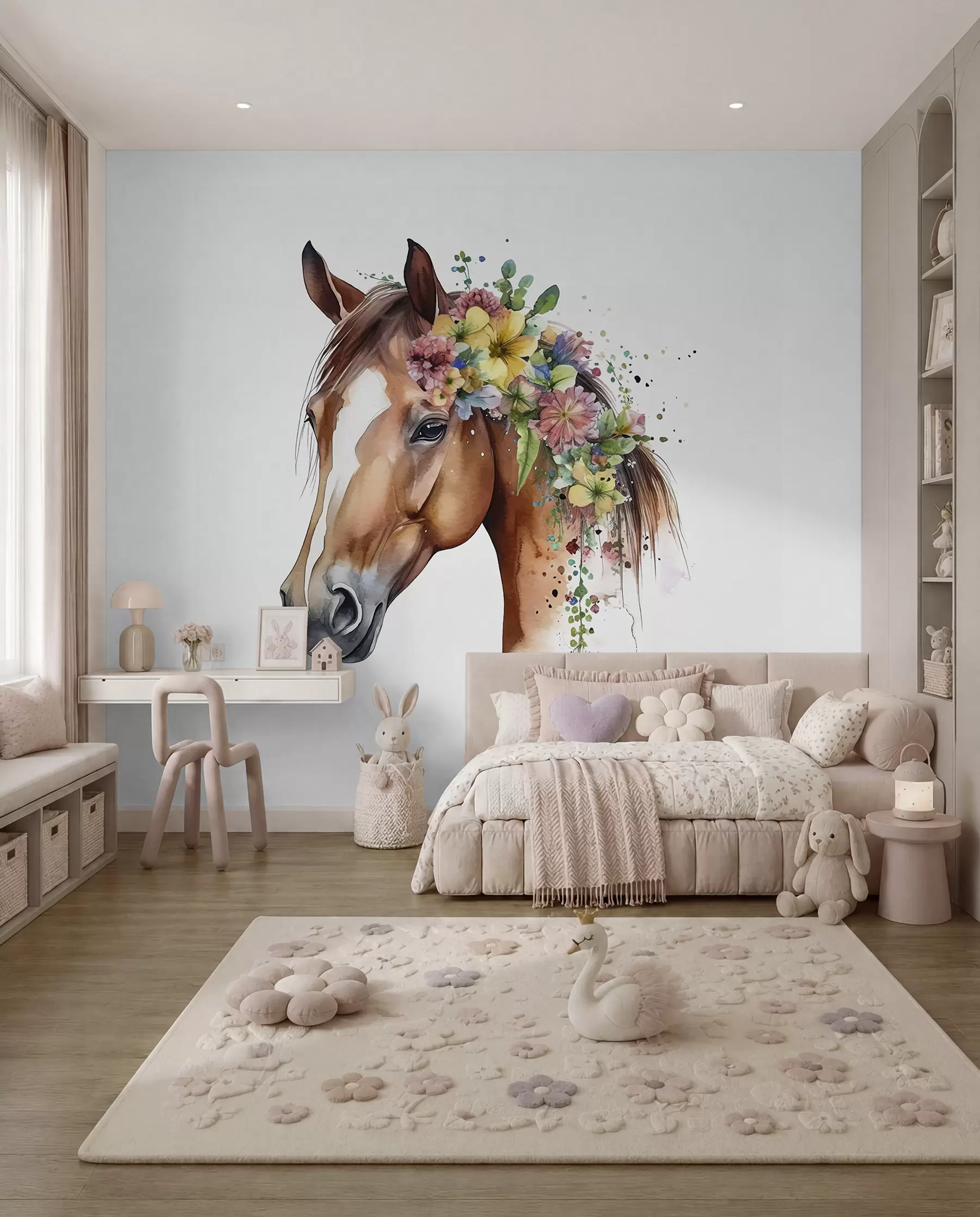murales de pared Caballo con flores en acuarela u98192