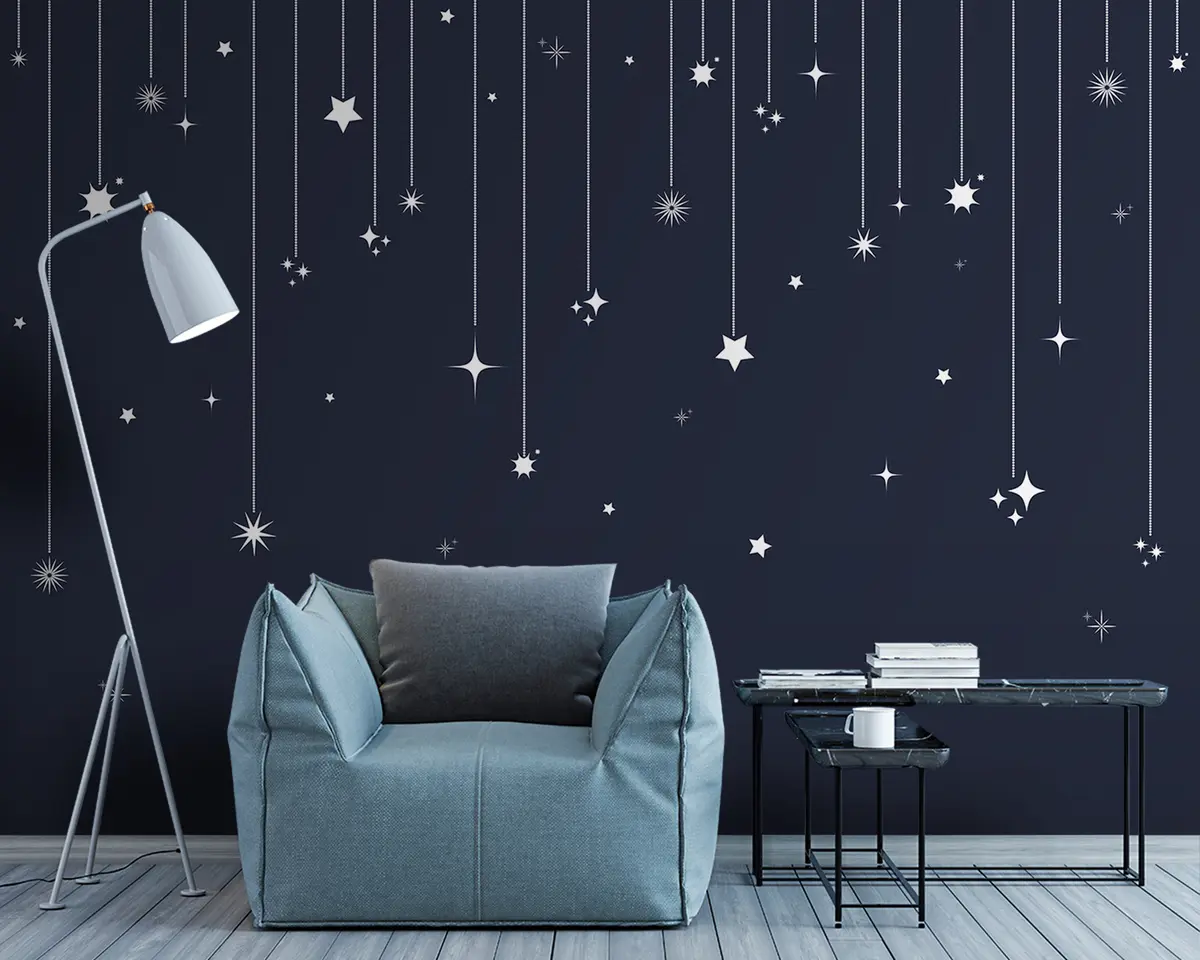murales de pared Estrellas fugaces de color blanco, elegante patrón minimalista, tema espacial u98767v1