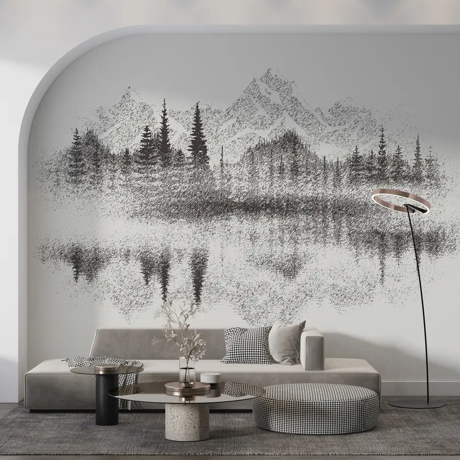 murales de pared El bosque y las montañas se reflejan en el lago u98808