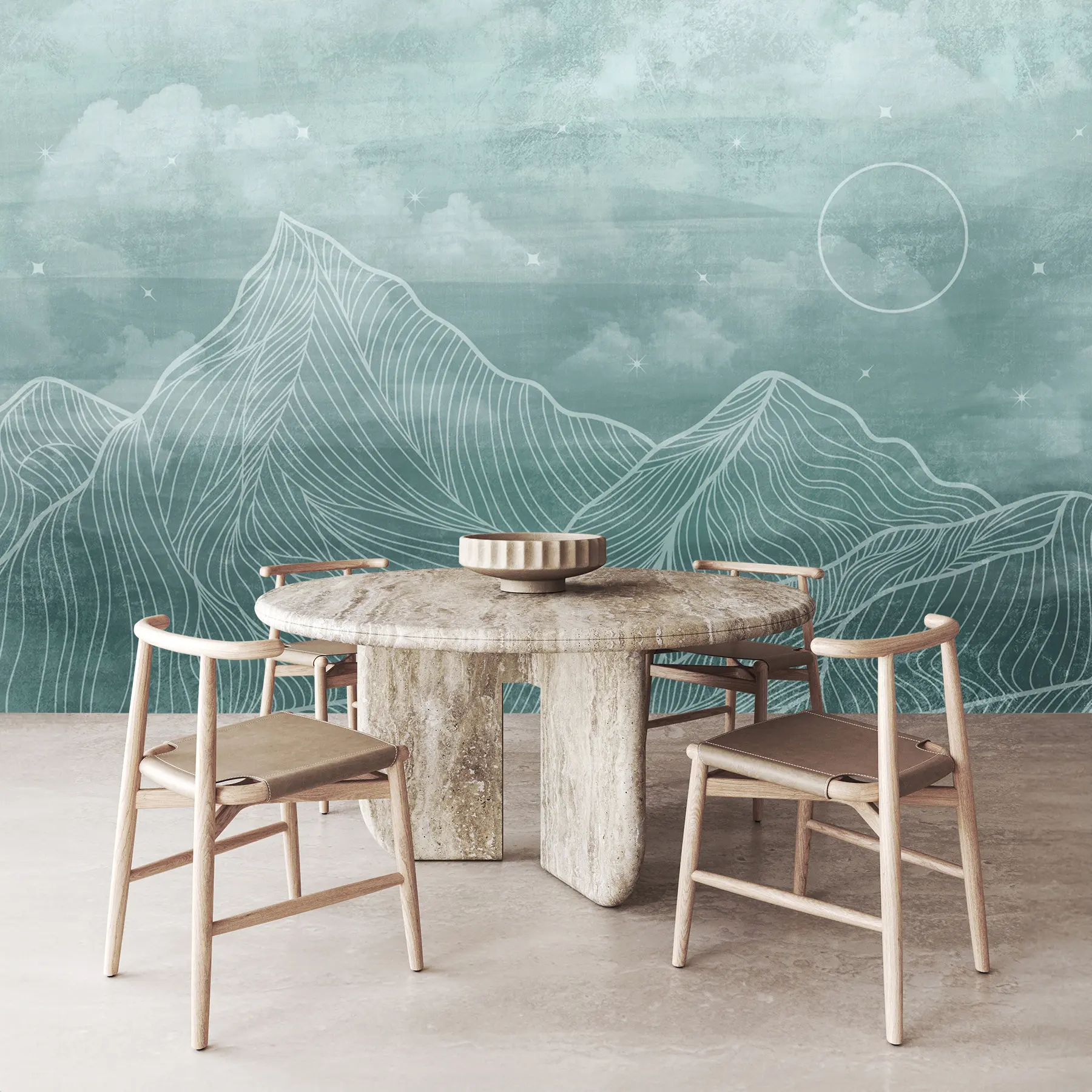 murales de pared Textura grunge con nubes y montañas, color aguamarina, arte temático de la naturaleza u98838