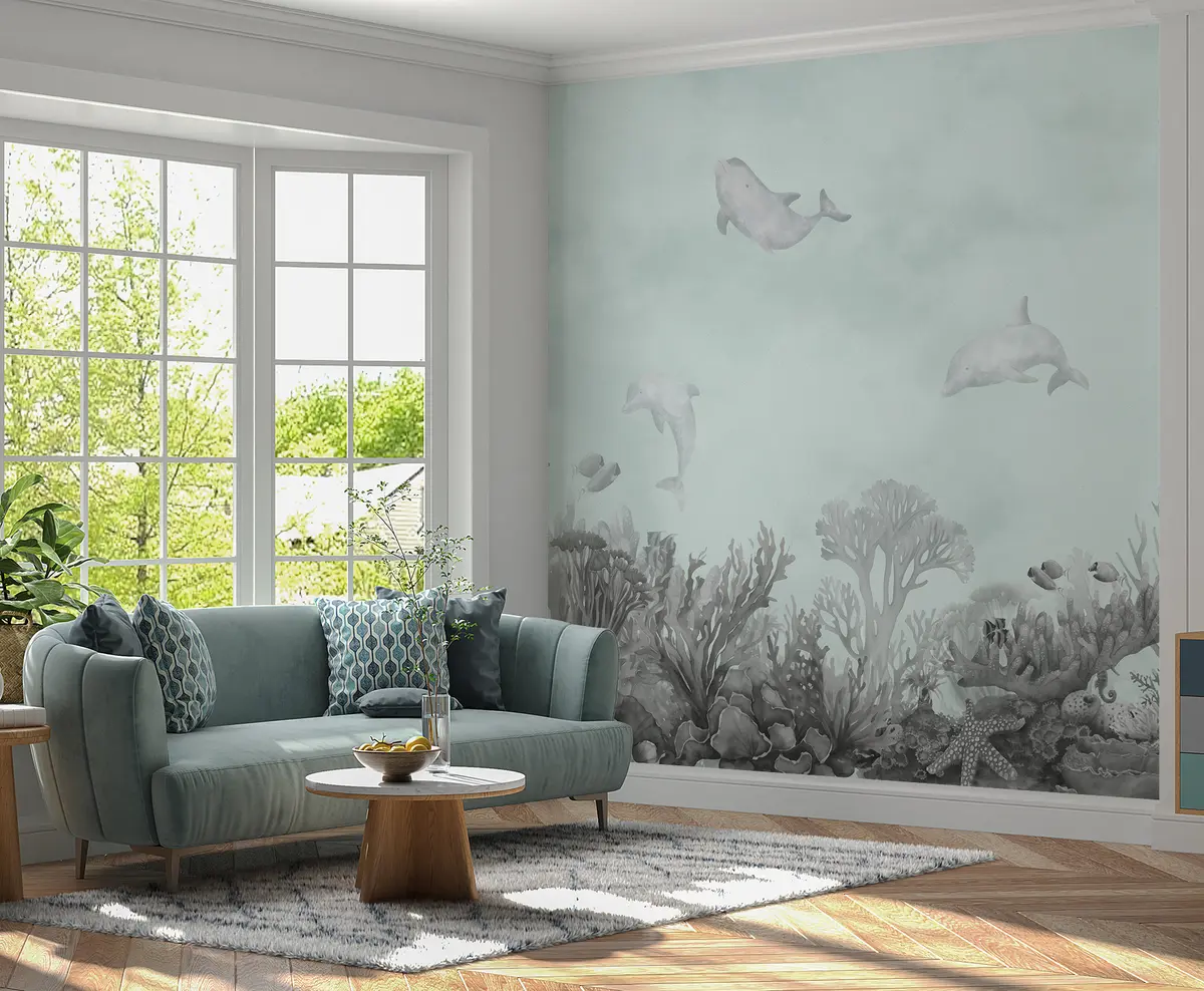 murales de pared Vida marina submarina, arrecife de coral, acuarela gris y azul, delfines u98900