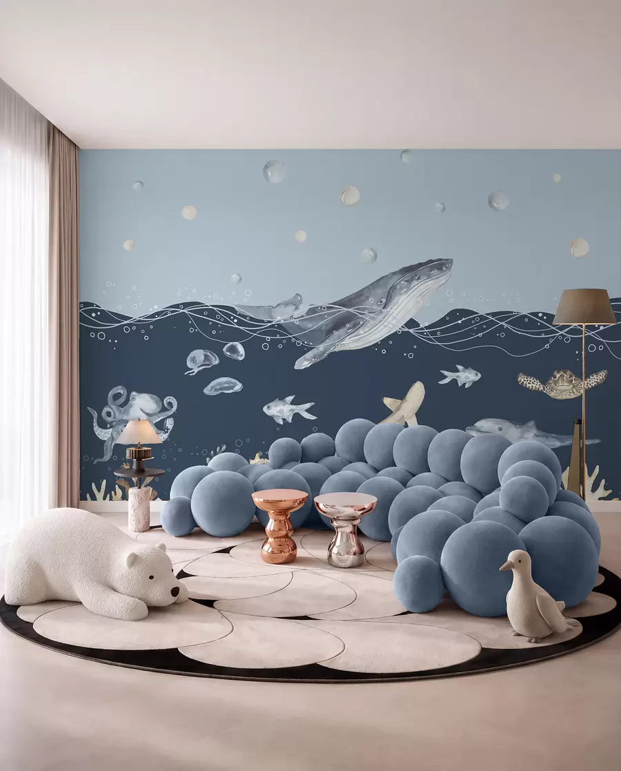 murales de pared Vida marina submarina, ballena, delfín, corales, animales marinos, tema oceánico, colores pastel u98902