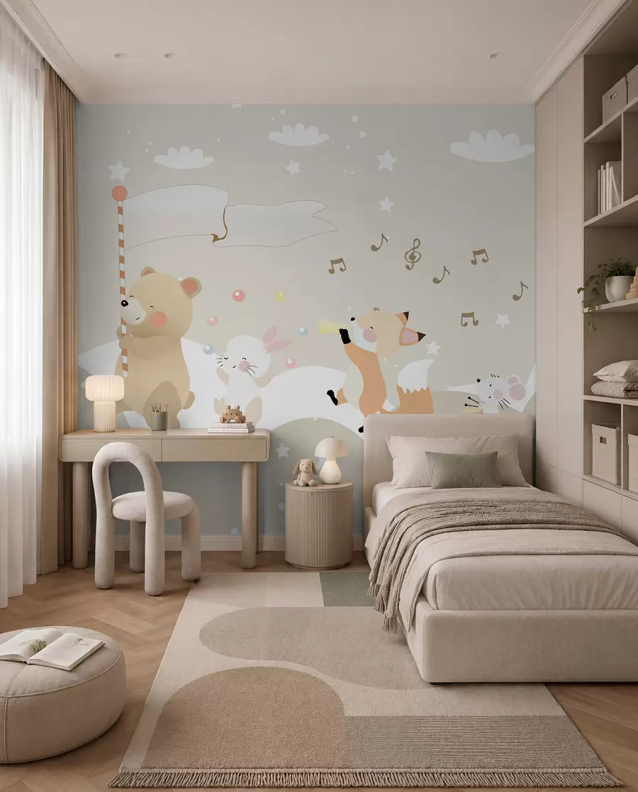 murales de pared Diseño de papel pintado para habitación infantil con simpáticos animales en tonos rosas u98969