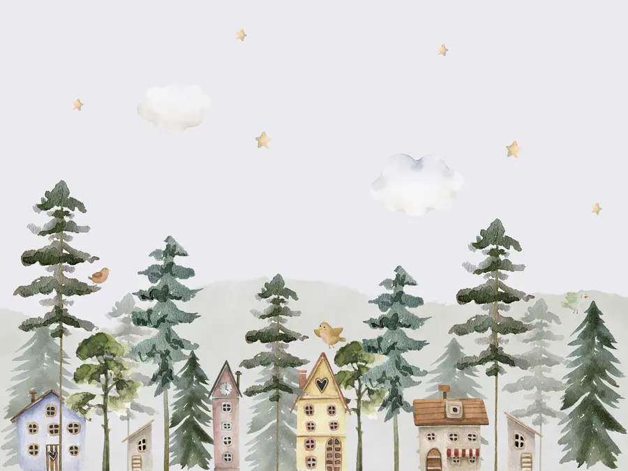 murales de pared Bosque de pinos con pájaros y bonitas casas, colores verde y beige u98989