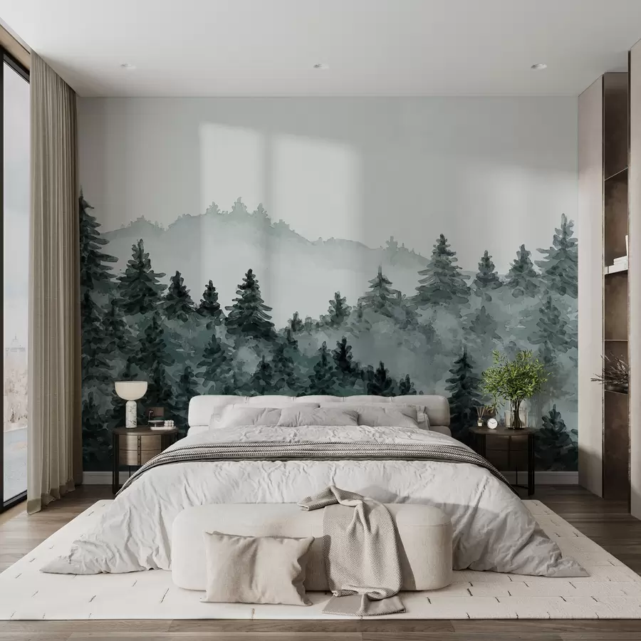 murales de pared Acuarela paisaje forestal, niebla, color verde, pinos u98994