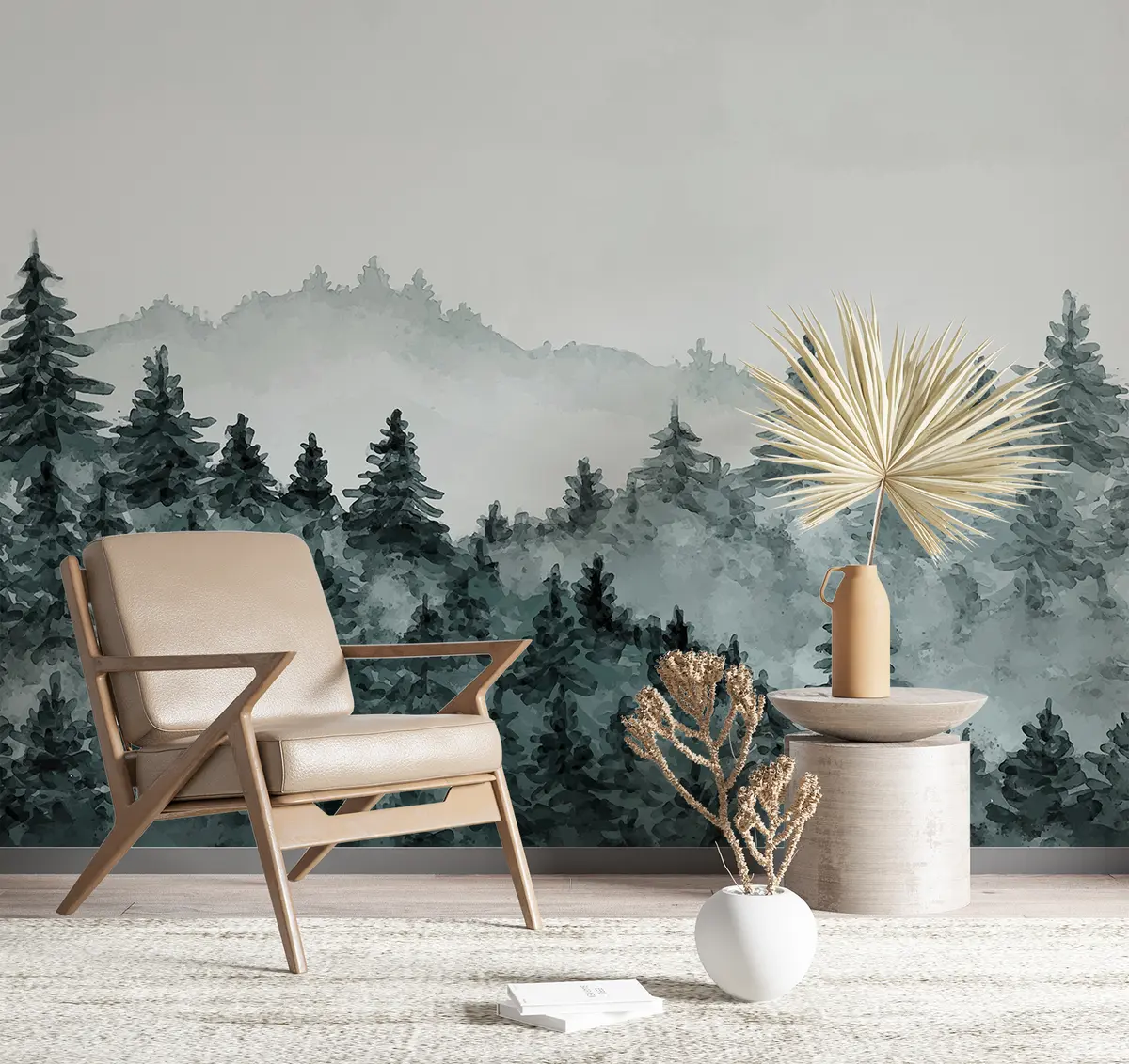 murales de pared Acuarela paisaje forestal, niebla, color verde, pinos u98994