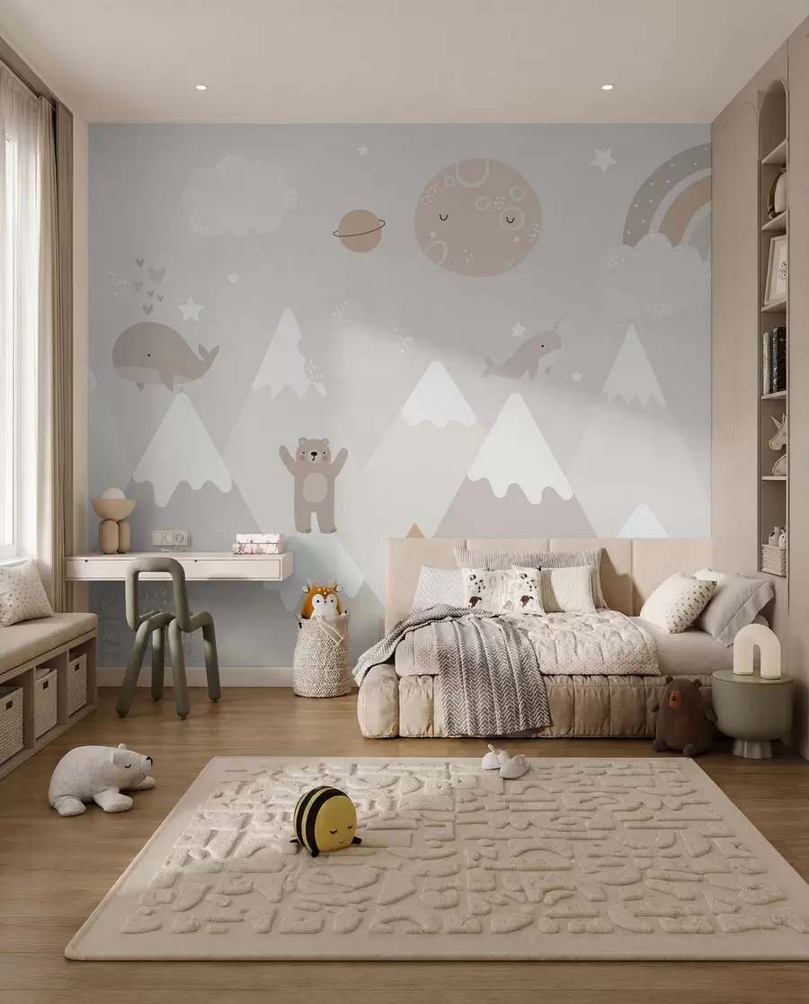 murales de pared Montañas con simpáticos animales, nubes y planetas, colores beige u99206
