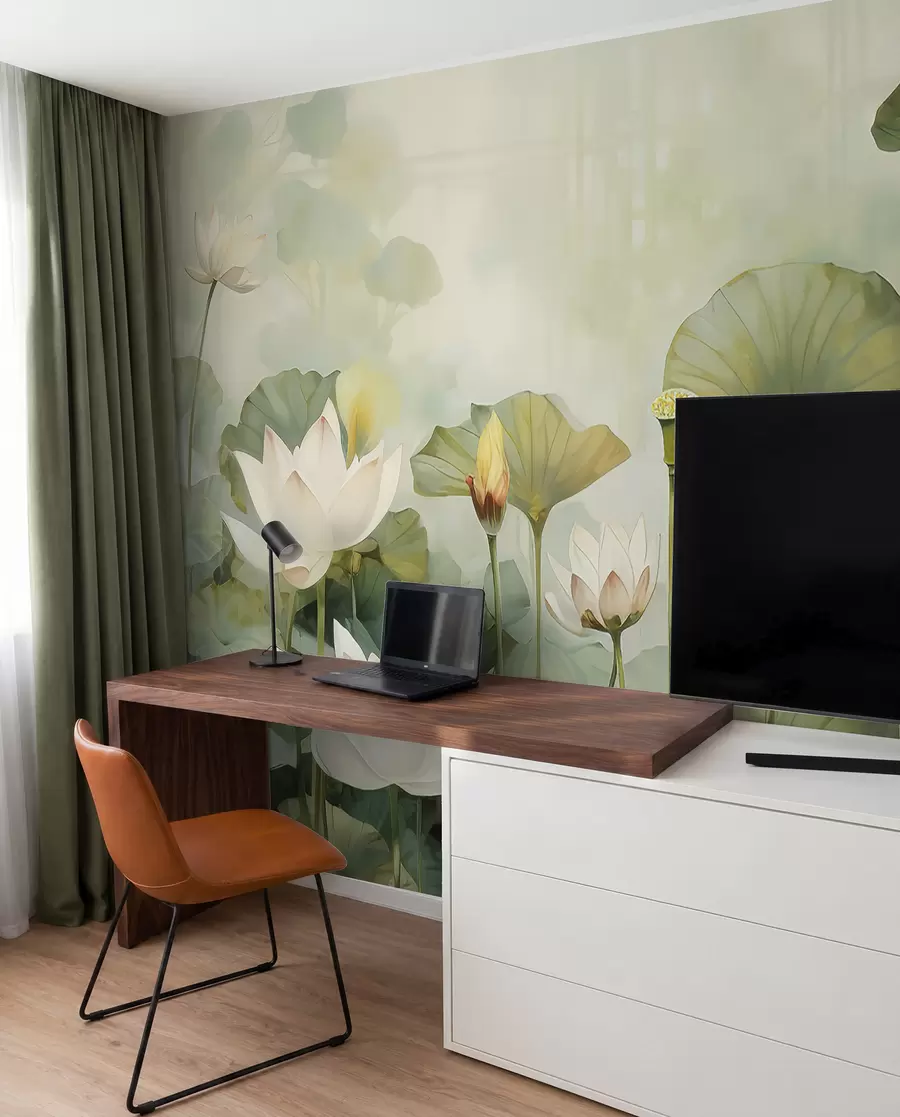 murales de pared Flores de loto en el lago, selva, arte tropical, verdor u99454d1
