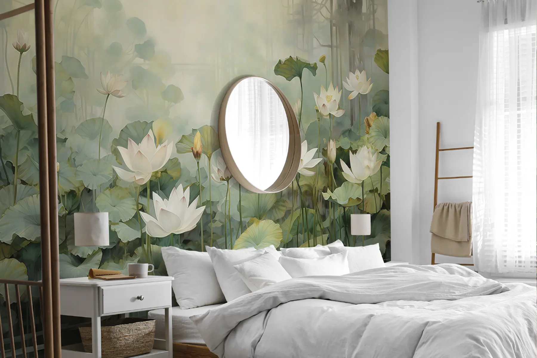 murales de pared Flores de loto en el lago, selva, arte tropical, verdor u99454