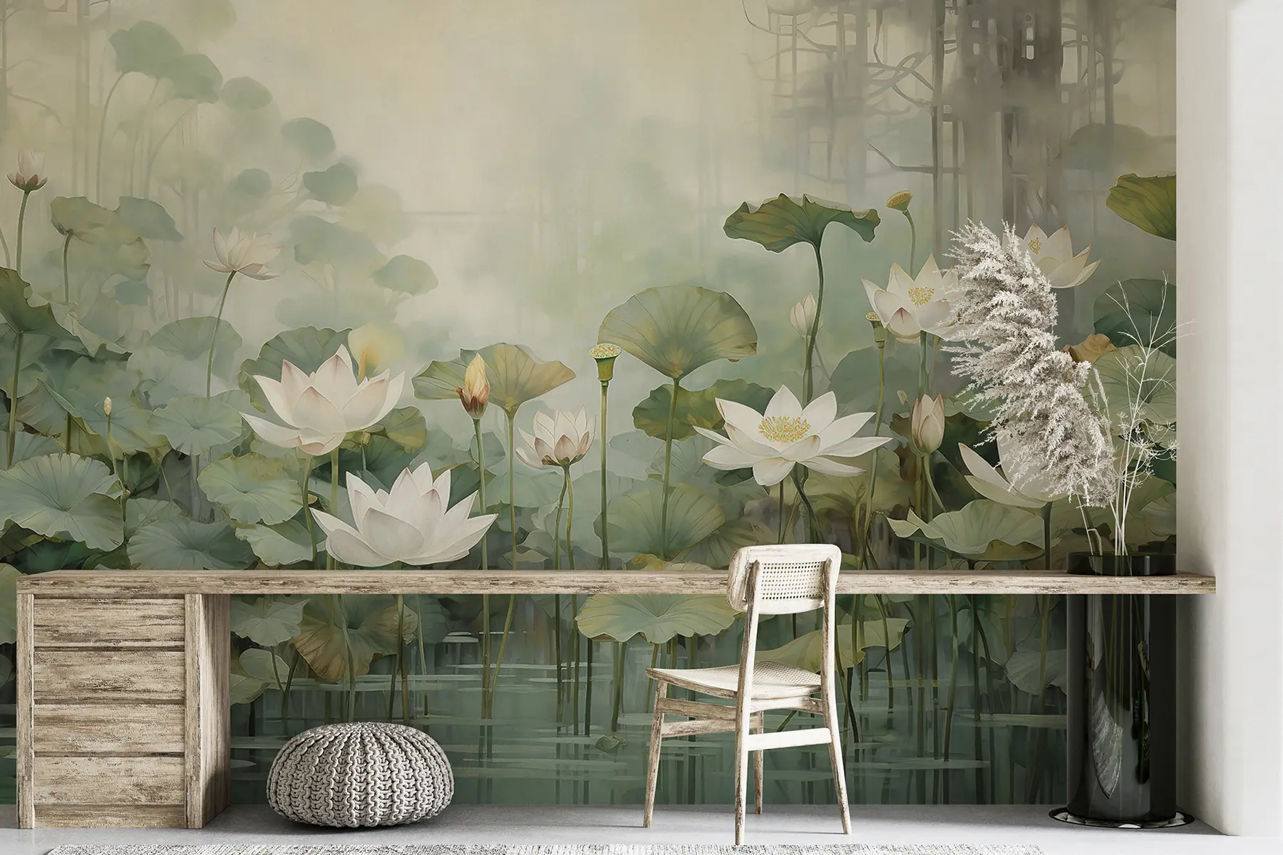 murales de pared Flores de loto en el lago, selva, arte tropical, verdor u99454