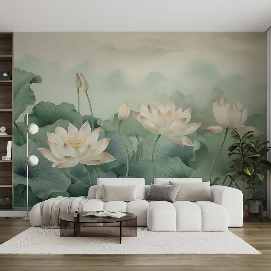 murales de pared Flores de loto en el lago, niebla, arte tropical, vegetación u99455