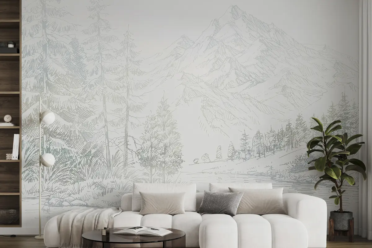murales de pared Paisaje de montañas alpinas, minimalismo, colores verdes u99569