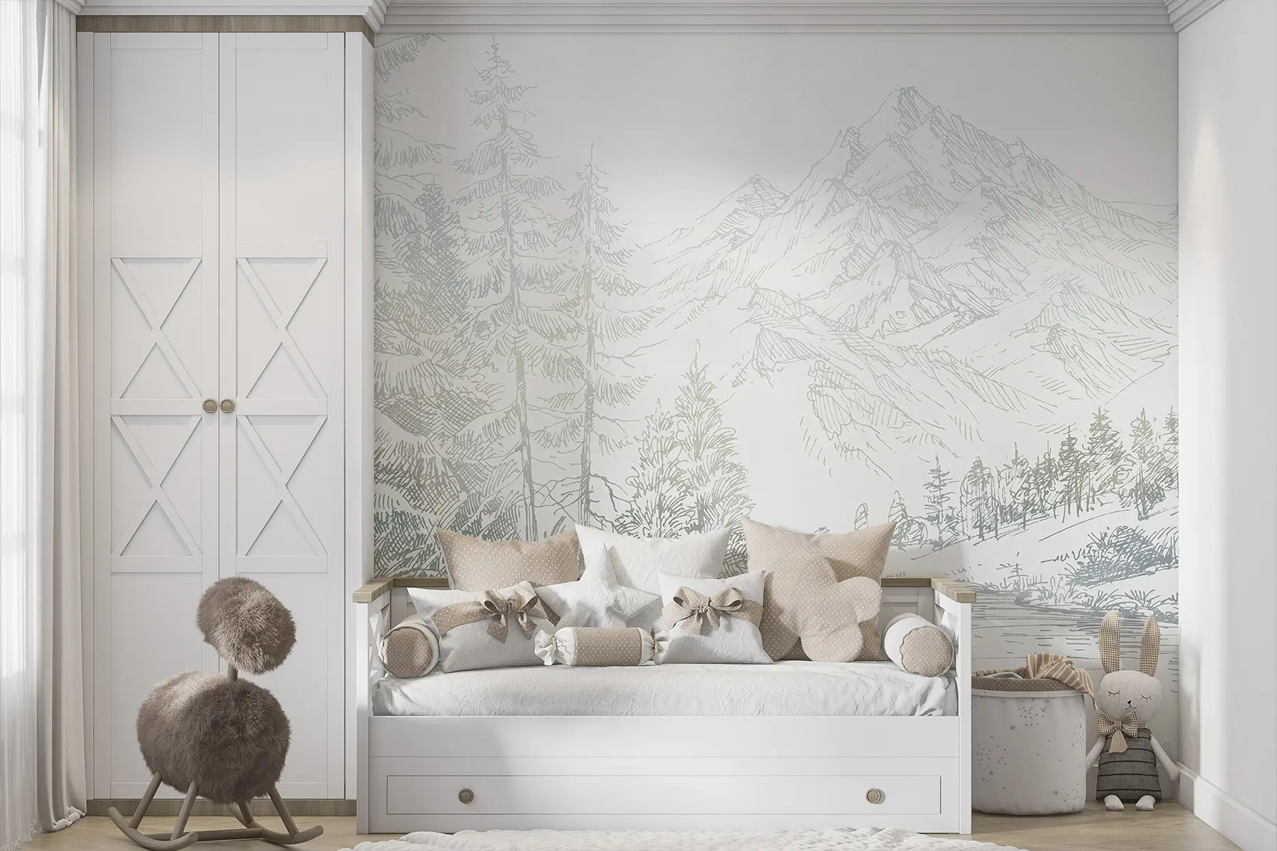 murales de pared Paisaje de montañas alpinas, minimalismo, colores verdes u99569