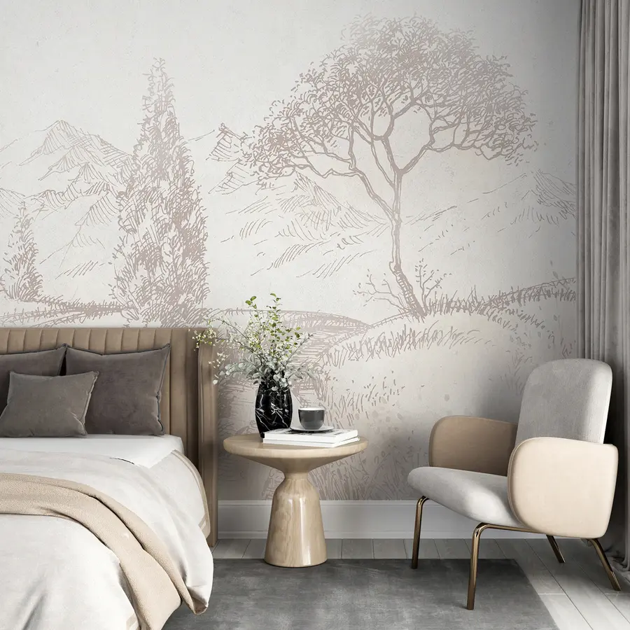 murales de pared Paisaje de Toscana, árbol, campo, minimalismo, colores beige naturales u99570