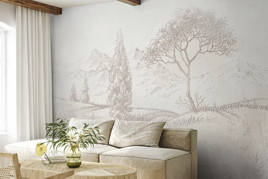 murales de pared Paisaje de Toscana, árbol, campo, minimalismo, colores beige naturales u99570