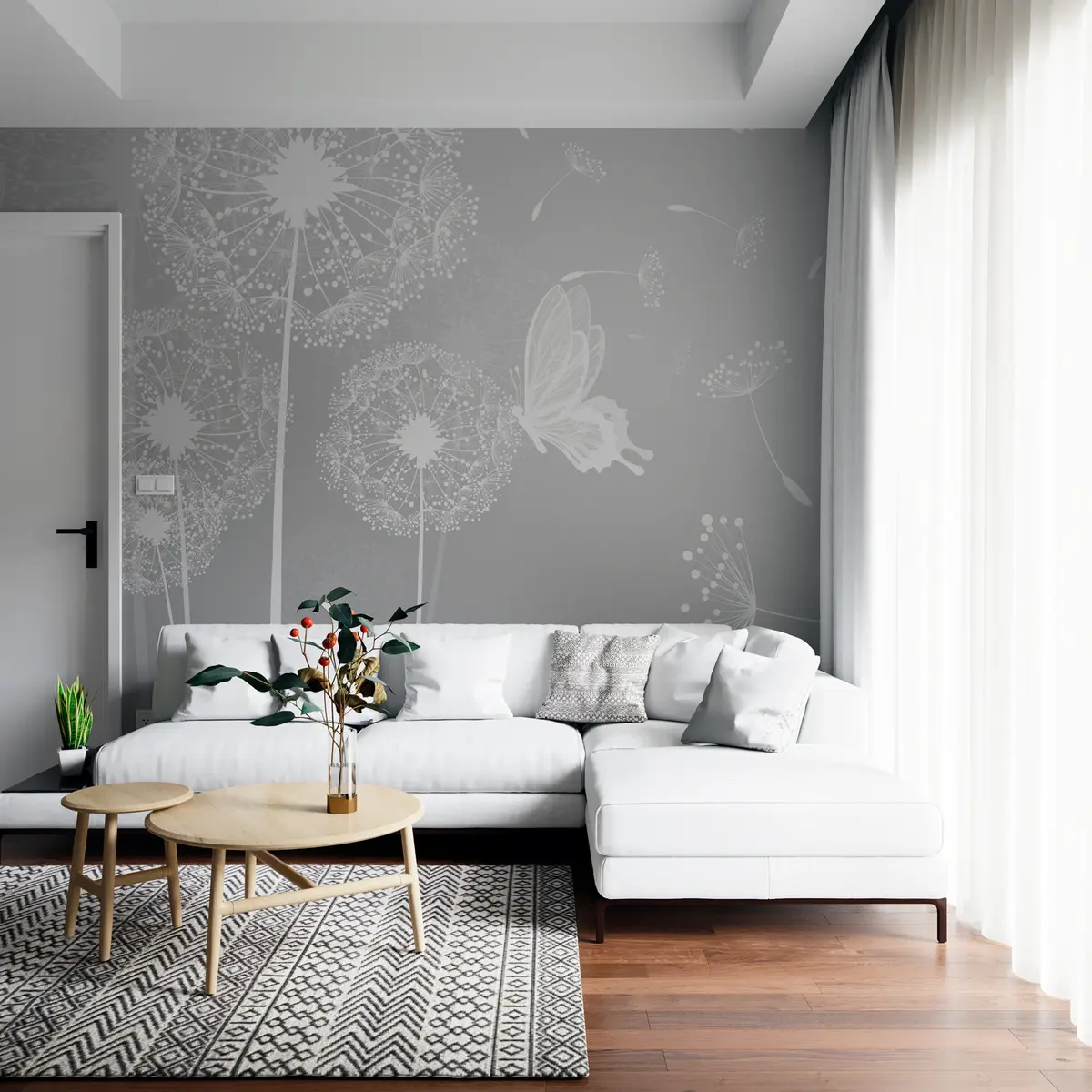 murales de pared Delicados dientes de león con mariposas grises u99597v1