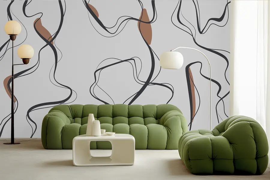 murales de pared Dibujo artístico a tinta, motivo abstracto, líneas geométricas, gris y naranja u99659v3