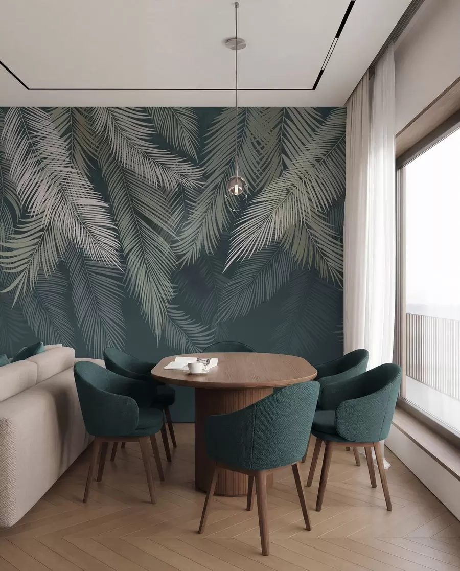 murales de pared Hojas de palmera sobre fondo verde oscuro u48556v2d2