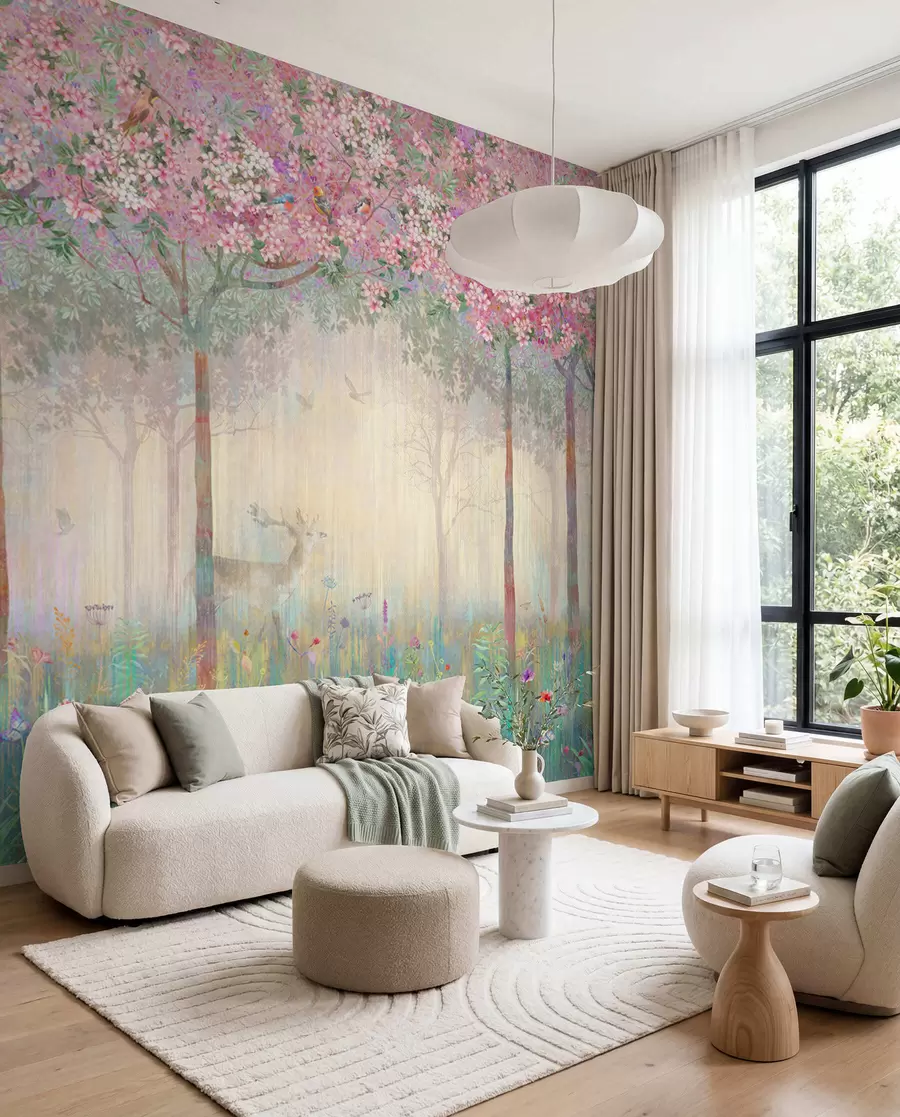 murales de pared Árboles en flor con troncos largos, ciervos entre los árboles u62100d2