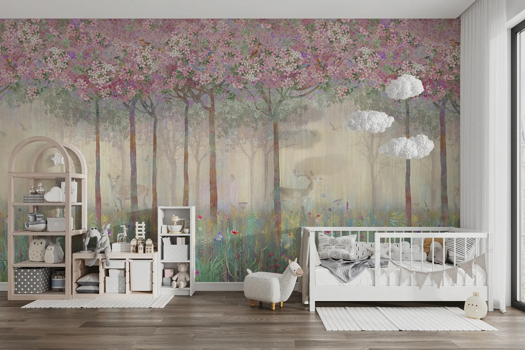 murales de pared Árboles en flor con troncos largos, ciervos entre los árboles u62100d2